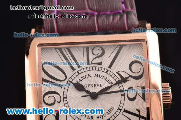 Franck Muller Master Square Swiss Quartz Rose Gold Case with Black Numeral Markers and Purple Leather Strap - Click Image to Close